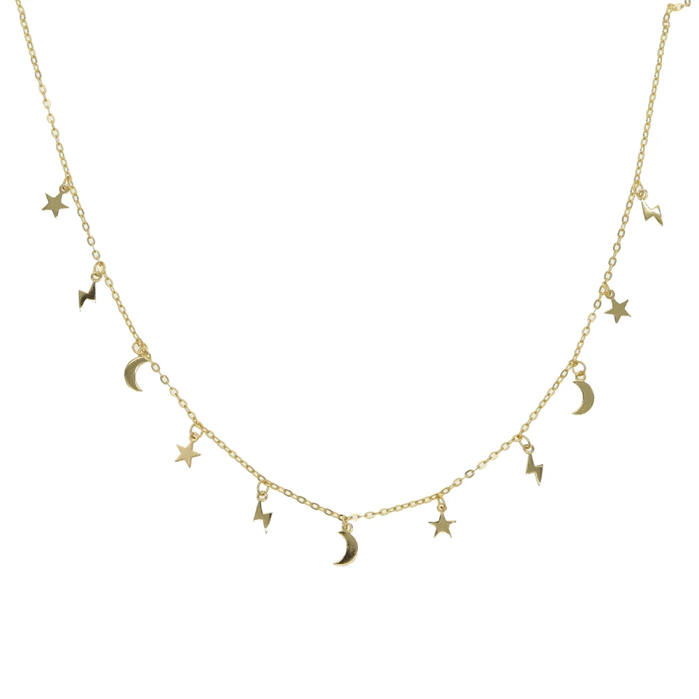 gold necklace Серебро 925 пробы золотое покрытие ювелирные изделия Vermeil Счастливый милый Минимальный нежный «Луна», «Звезды» молний ожерелье-чокер с подвесками в дизайне Павлиньего хвоста - Окраска металла: gold necklace