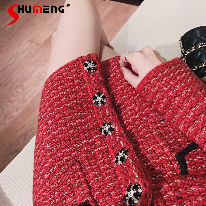 

New Fashiion Long Sleeve High waist Red Knitted Cardigan Dress 2021 Spring Pullover Single Breasted Skinny Knitted Short Dress