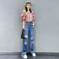 womens new floral small shirt one shoulder chiffon shirt fashion suit two piece suit womens jeans two piece suit