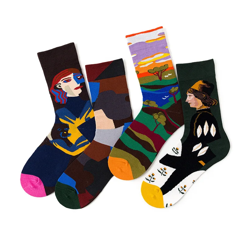 1Pair Happy Socks Unisex Women Oil Painting Van Gogh Combed Cotton Funny Fantasy  Casual Novelty Party Gifts Socks Wholesale