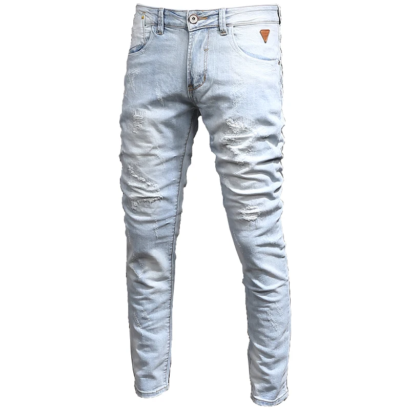 Summer Men Light Blue Ripped Jeans Men Streetwear Casual Slim Fit Denim Pants Cotton Trousers