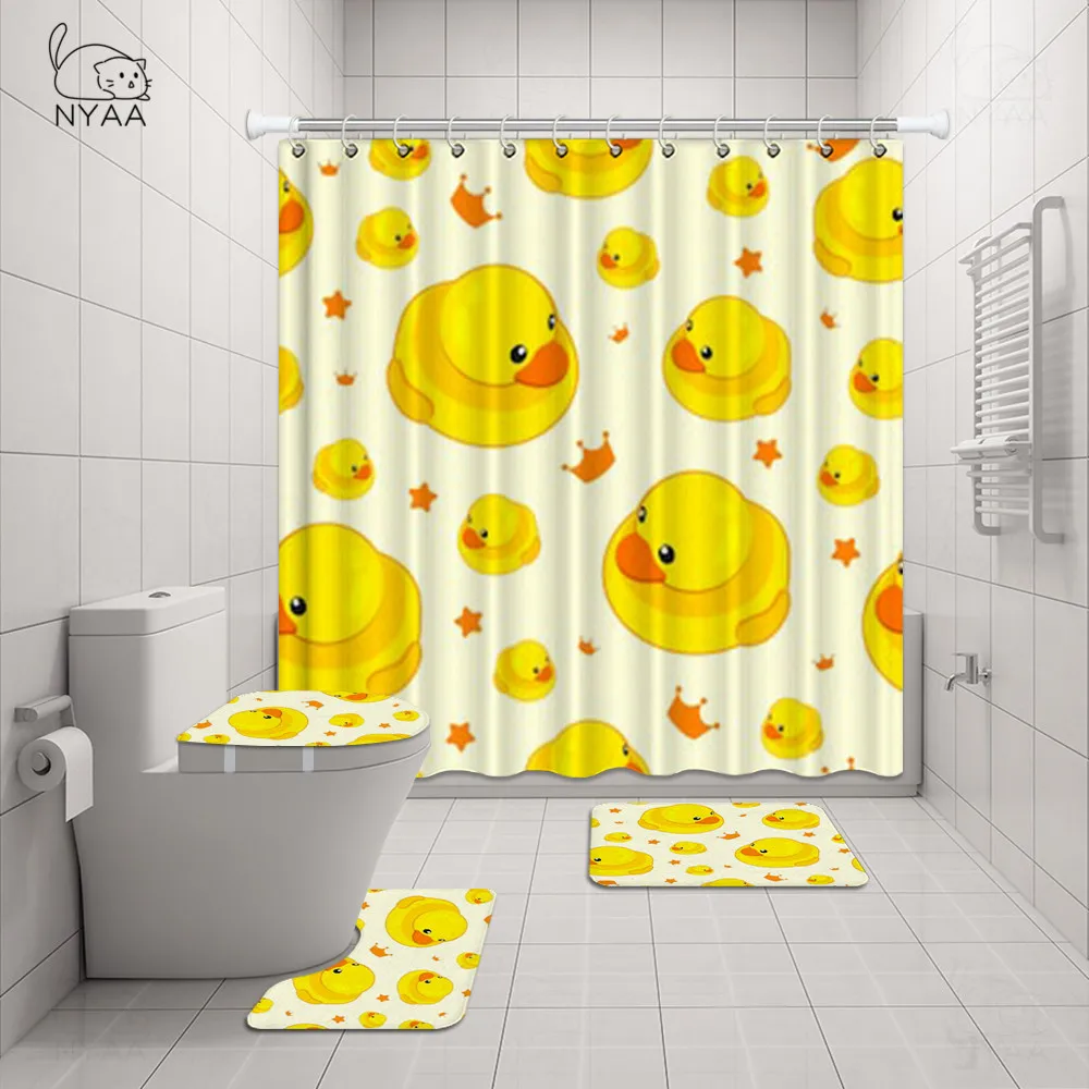 Comprare Simpatico Set Di Tende Da Doccia Per Bagno In Tessuto Impermeabile 4 In 1 Con Anatra Gialla Animale Con Tappeti Antiscivolo Per Tappeti