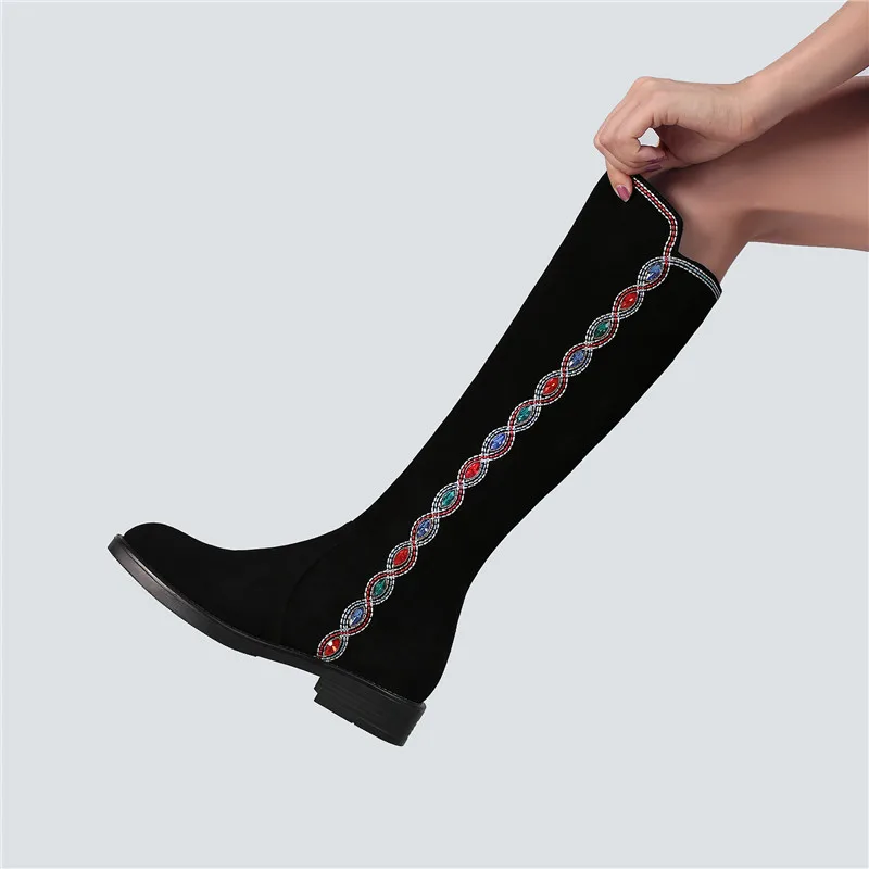 

MORAZORA 2020 top quality suede leather knee high boots women crystal zip Ethnic style autumn winter boots woman casual shoes