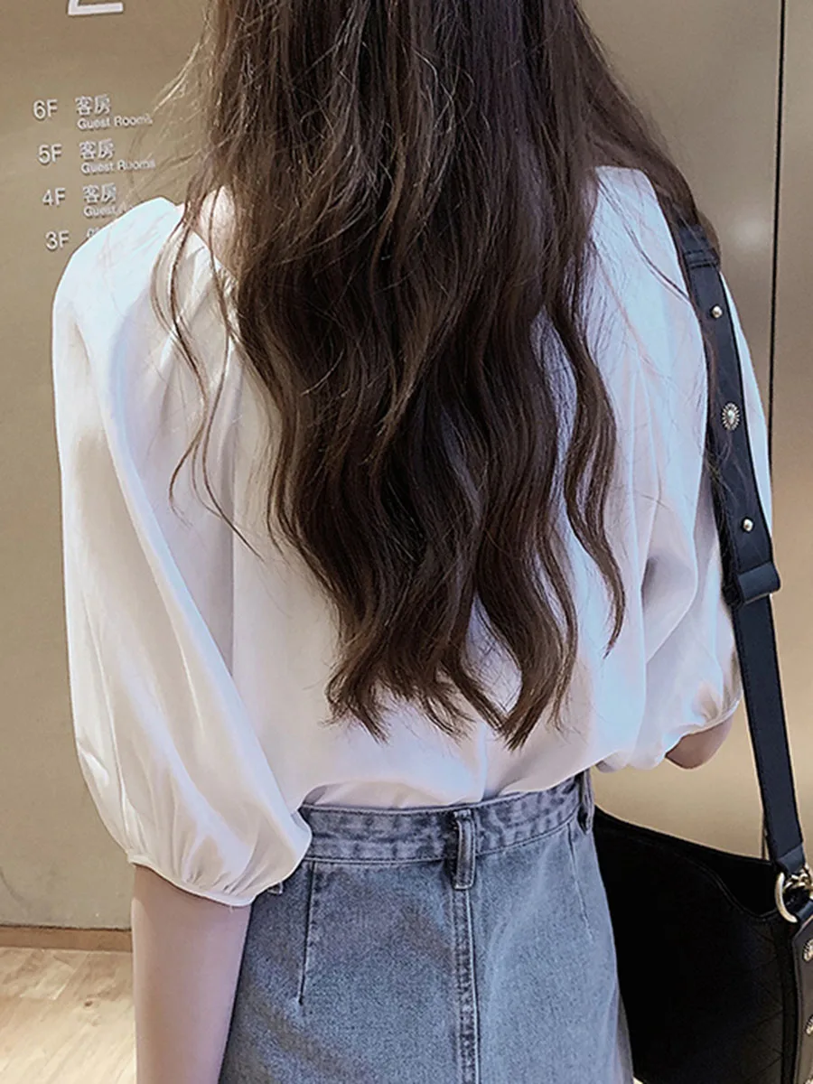 Summer Office Ladies Korean Vintage Simple Chiffon Women Blouses Sexy Loose Button Lantern Sleeve Elegant Female Fashion Shirts | Женская
