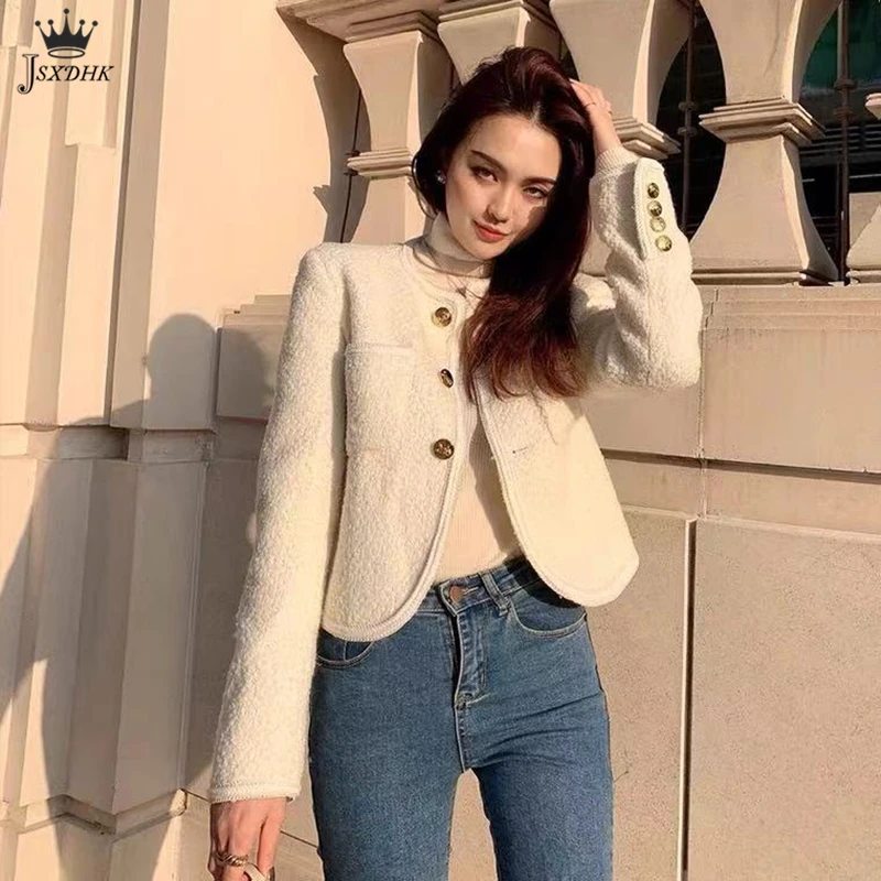 

2021Autumn New Korean High Quality Women Fashion Short Blazer Black White Tweed Jackets High-end Golden Buttons Elegant Coats