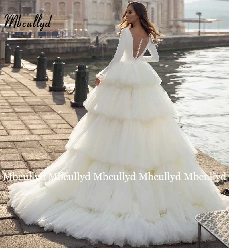 Mbcullyd New Luxury Ball Gown Wedding Dress 2020 Long Tulle Sashes Court Train V Neck Bridal Dresses with Tiered Skirt Custom