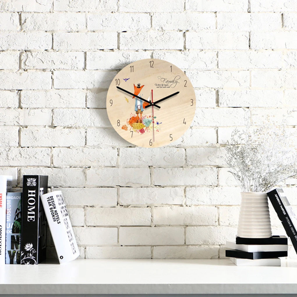 

Cartoon Aluminum Pointers Wooden Dial Wall Clock Non-ticking Movement Living Room Bedroom Clock
