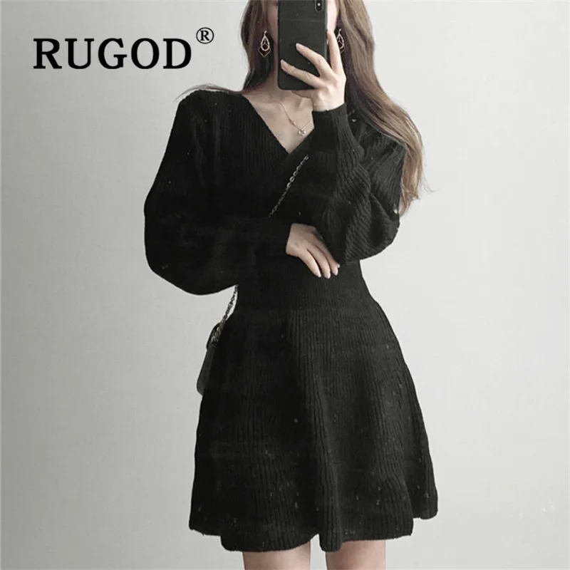 RUGOD однотонные винтажные вязаные платья для женщин корейское шикарное