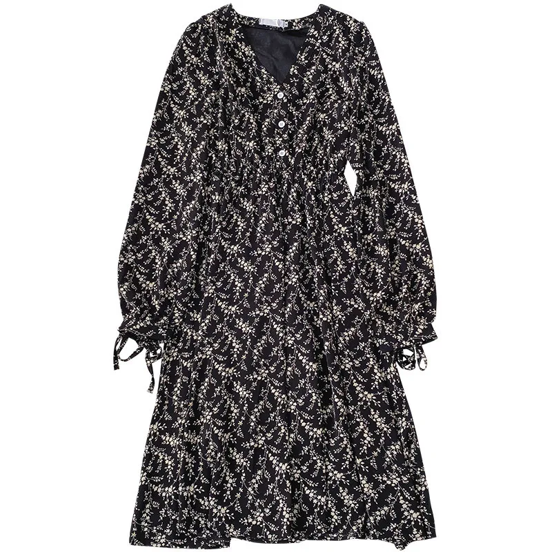 

Женское платье весна-осень 2021 Новое Стильное корейское винтажное свободное женское черное платье средней длины с V-образным вырезом и цвето...