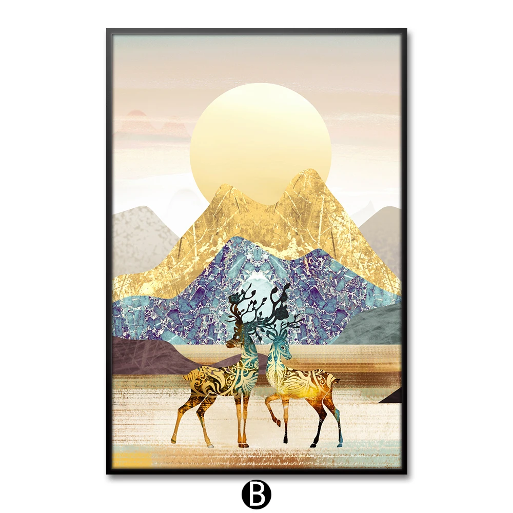 Современные абстрактные золотые горы Дерево красочные олень художественные