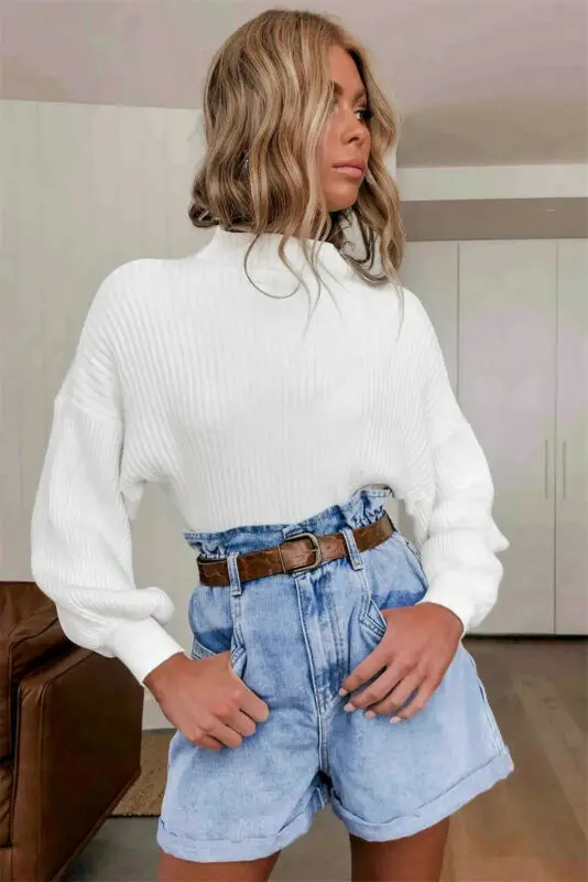 

Женский вязаный свитер с рукавами-фонариками, повседневный однотонный белый джемпер с воротником-стойкой на осень и зиму