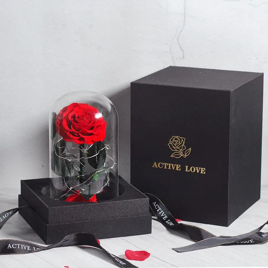 

Wedding Decoration Plants Eternal Preserved Rose with Glass Dome Flower Heads Rose Forever Love Wedding Favor Party Gifts for Wo
