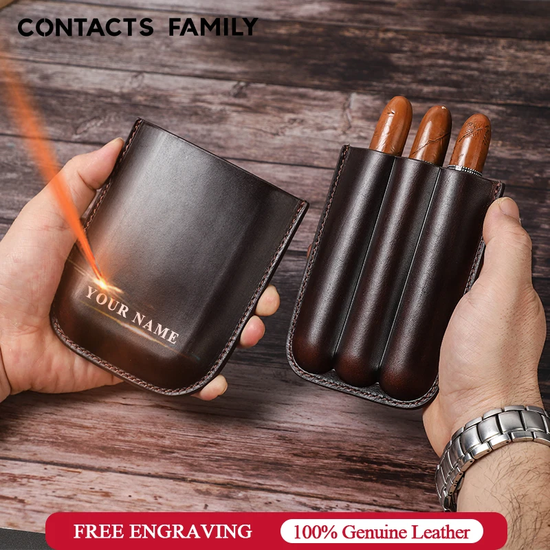 

CONTACT'S FAMILY Vintage Oil Cow Leather Cigar Case Holster 1/2/3 Tubes Holder Mini Humidor Box Travel Storage Cigar Accessories