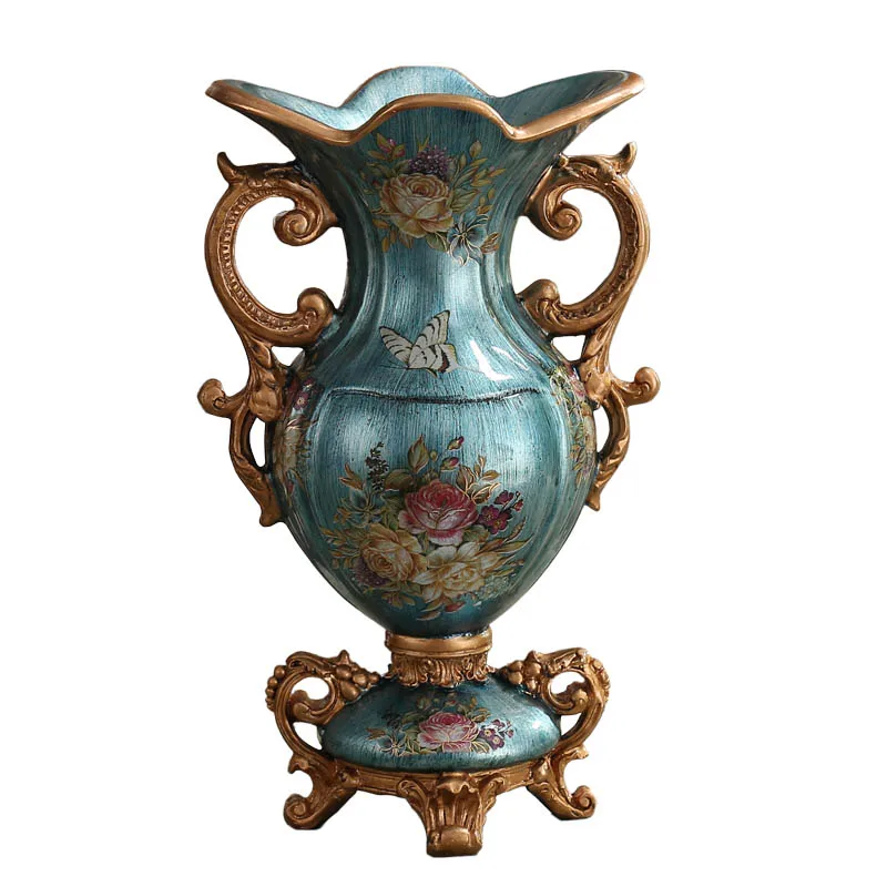 

European Luxury Palace Resin Vase Ornaments Home Room Desktop Figurines Crafts Decoration Wedding Gift Retro Silk Flower Pot Art