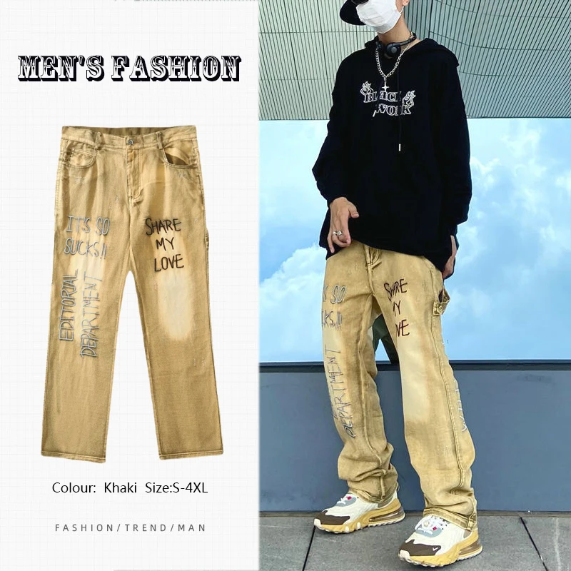 

American High Street Hip Hop Gradient Letter Embroidery Jeans Men's Brand Clothing Loose Straight Trousers Streetwear Opa Hombre