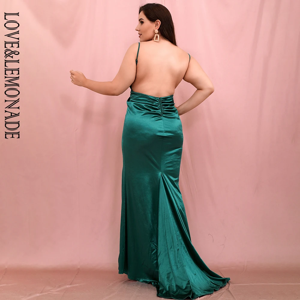 

LOVE&LEMONADE PLUS SIZE Sexy Green Deep V-Neck Open Back Whit Split Elastic Bodycon Maxi Dress LM81222-1PLUS