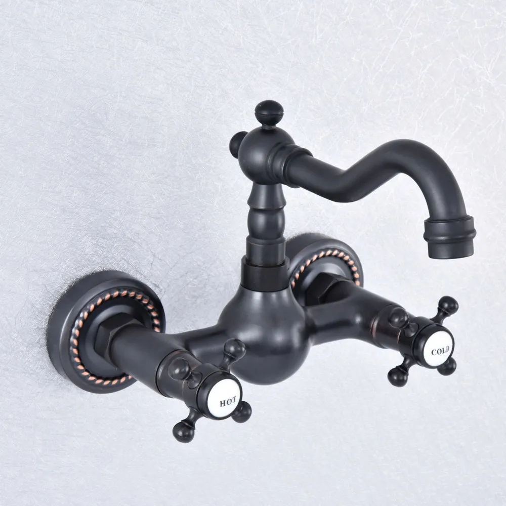 

Oil Rubbed Bronze 2 Cross Handle Two Hole Wall Mounted Kitchen Bathroom Basin Faucet Sink Mixer Taps Swivel Spout 360' dsf720