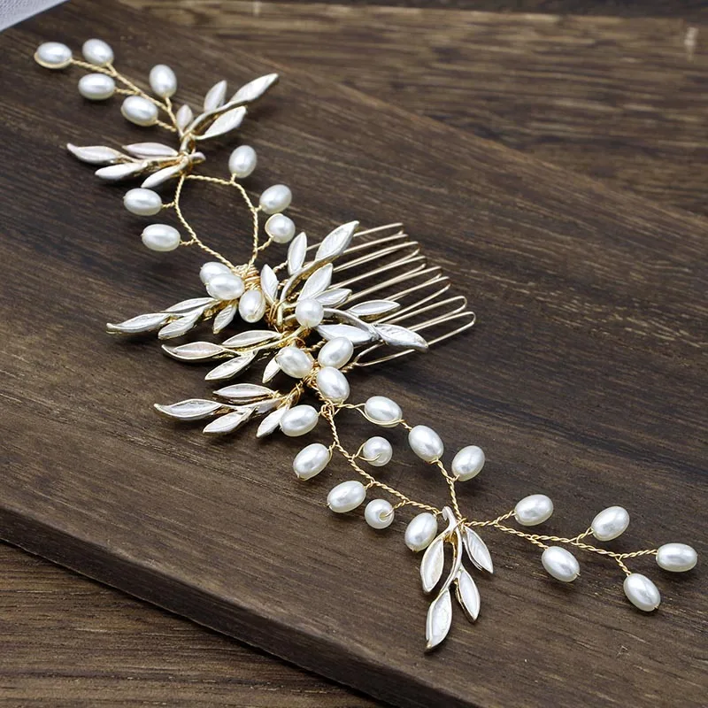Элегантная повязка на голову с жемчугом для невесты гребень волос в виде листьев