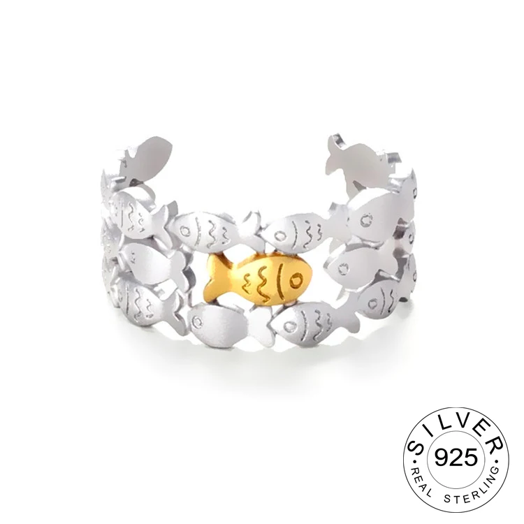 

Кольца из стерлингового серебра 925 пробы для женщин, винтажные Свадебные модные ювелирные изделия с золотой рыбой, большие Регулируемые Ант...