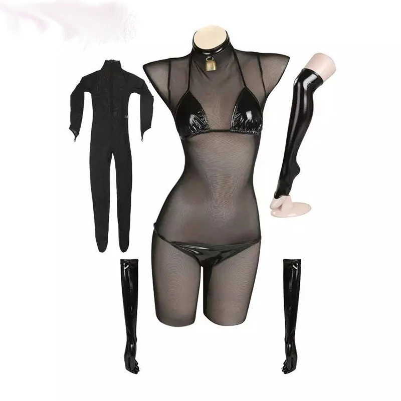 

Anime Cosplay Costume Lacquer Bikini Sexy Lingerie Swimsuit Gauze Jumpsuit Women Patent Leather