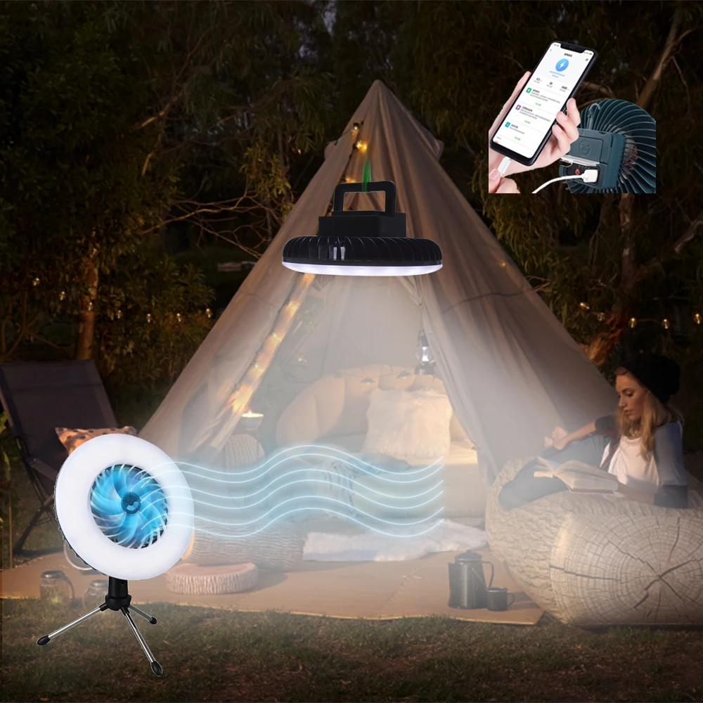 

Camping Light Lantern With Fan Rechargeable Camping Flashlight LED Tent Lamp Power Bank Function Emergency For Outdoor Lighting