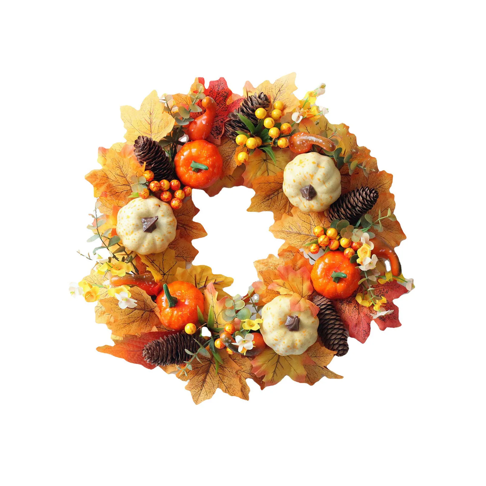 

1Pc Thanksgiving Maple Leaf Pumpkin Wreath Simulation Pine Cones Flowers Garland For Front Door Hanging Decorations Home Pendant