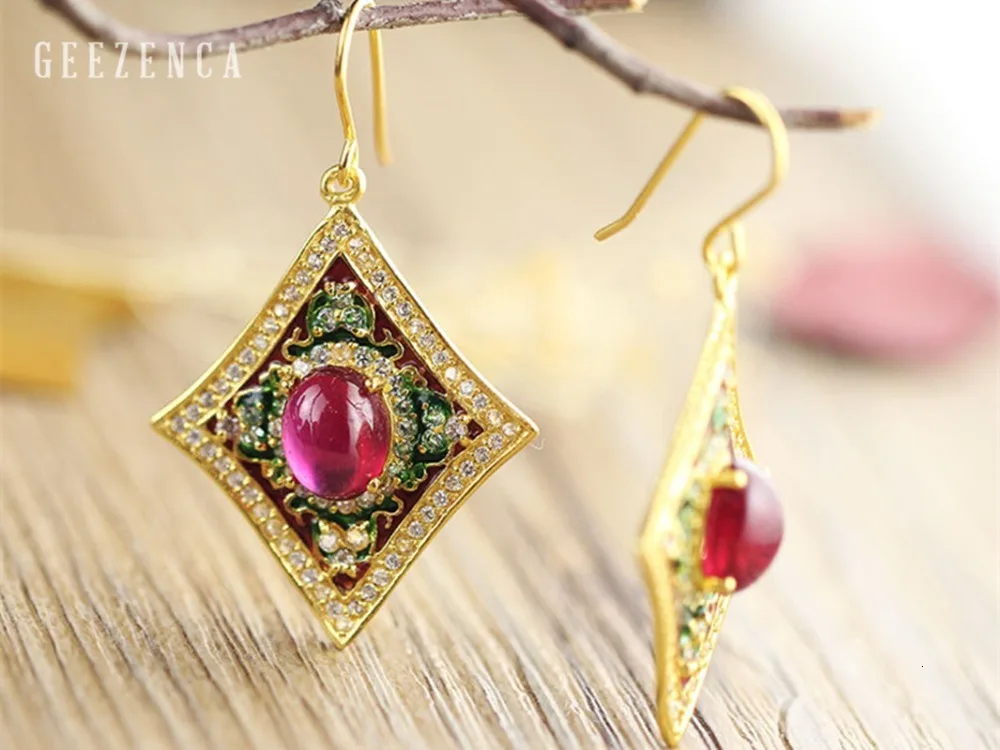 925 стерлингового серебра, Драгоценный Рубин, Cloisonne цвет, серьги ручной работы, ювелирные изделия, женские винтажные Роскошные серьги
