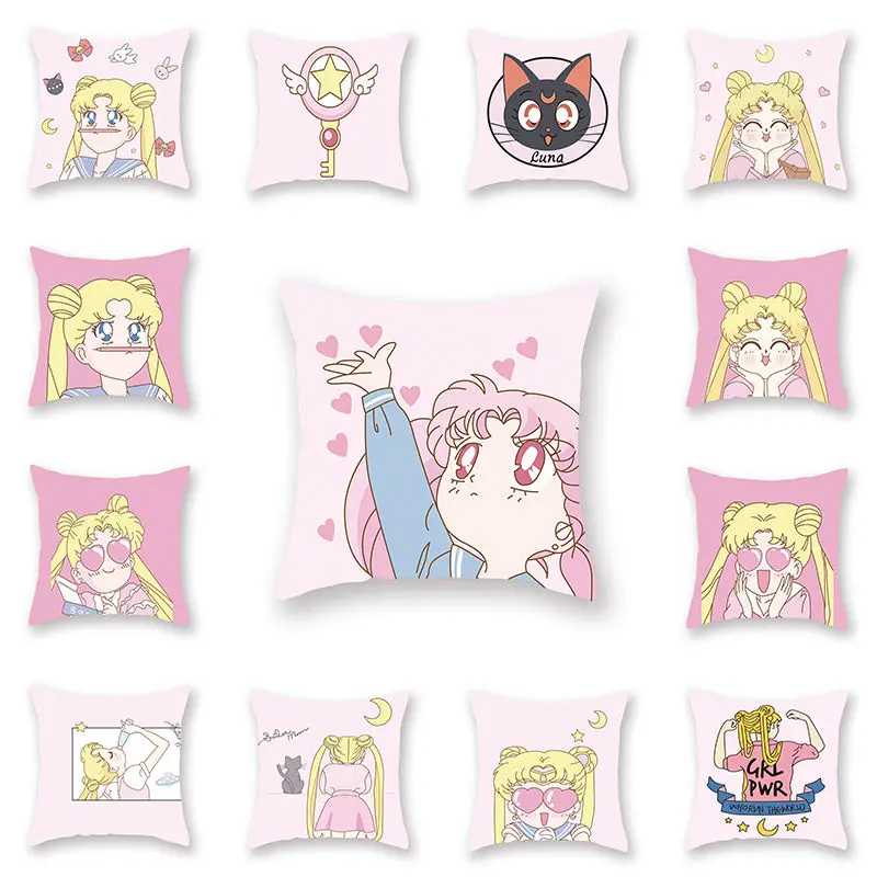 

Anime Sailor Moon Two-side Printed PP Cotton Waist Pillow Girly Soft Cartoon Luna Cat Sofa Cushions Bedroom Pillow 40cm Gifts