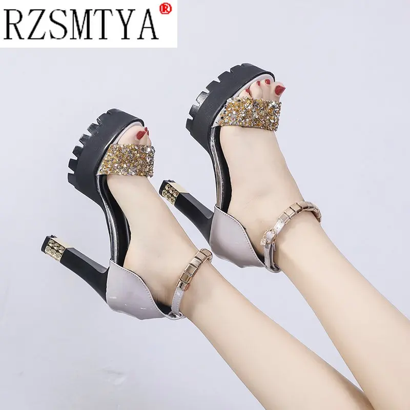 New Summer Women High Heels Wedding Party Sandals Open Toe Ankle Strap Chunky Heels Rhinestone Platform Sandals Diamond Shoes images - 6