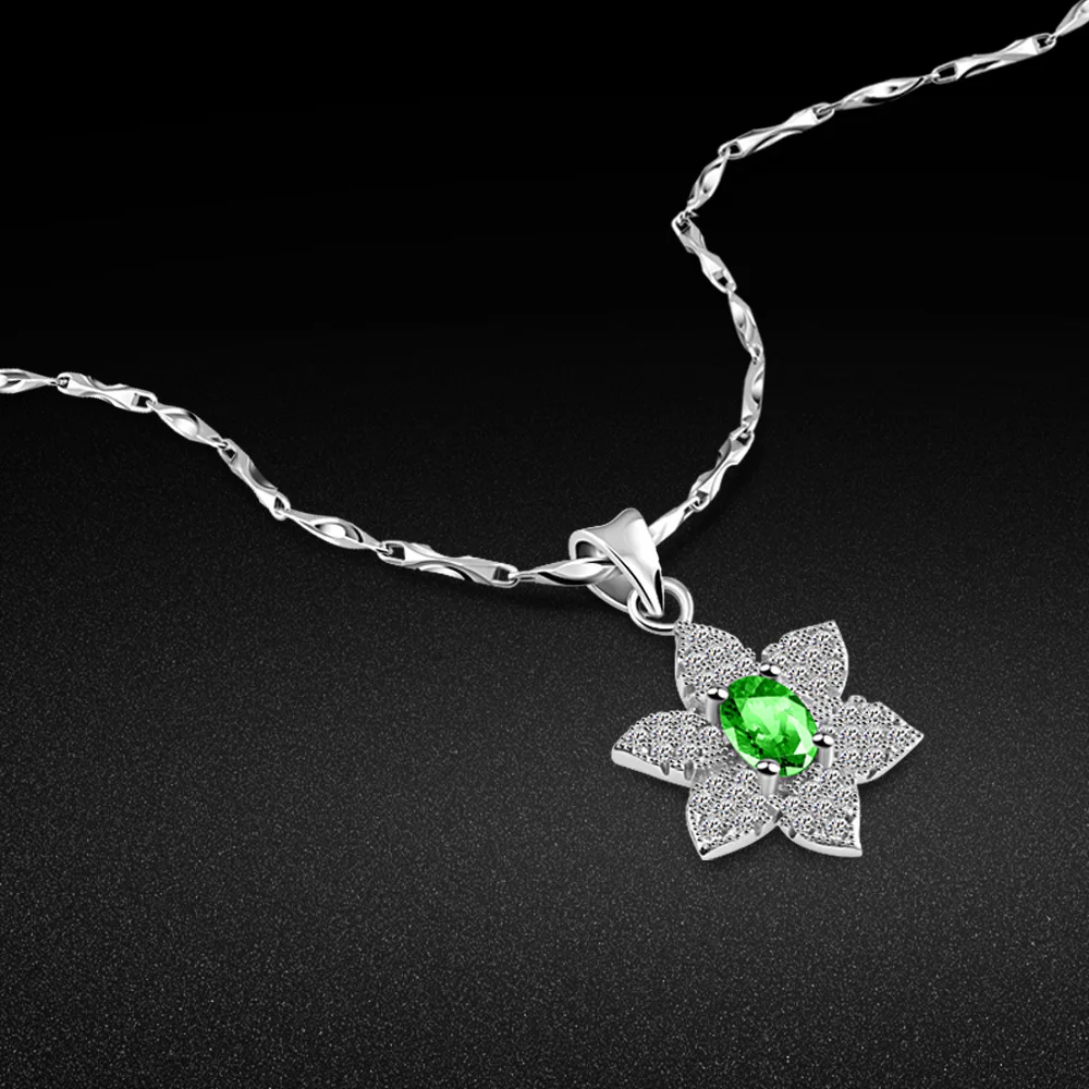

100% 925 sterling silver necklace women noble green zircon inlaid necklace party jewelry silver chain collar anniversary gift