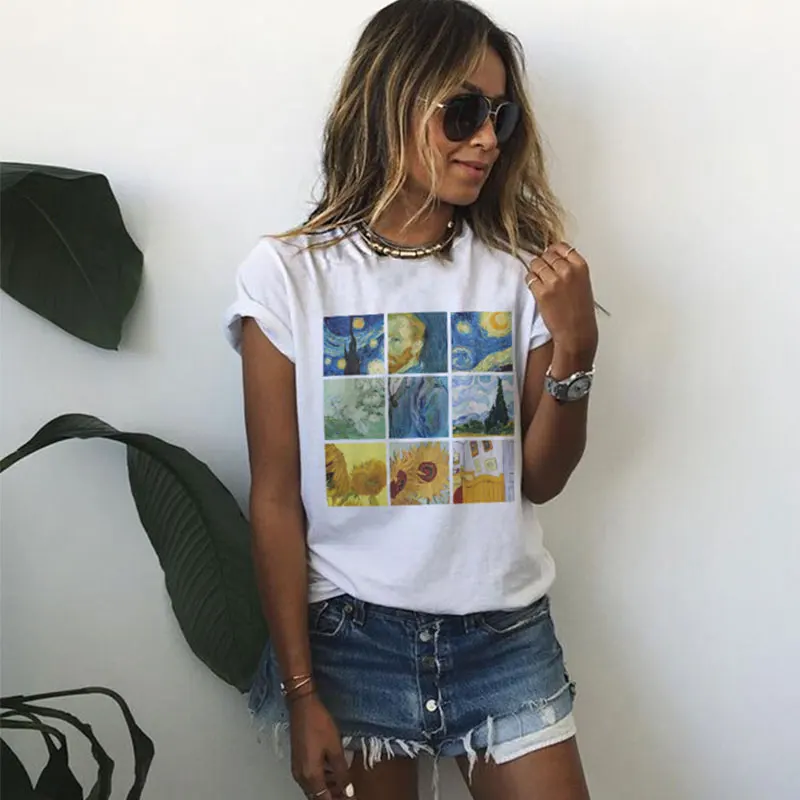 Для женщин Ван Гог футболка рисунок художественной краской в клетку Футболка с