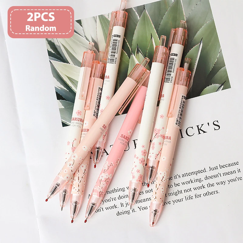 

2X Pink Princess Sakura Press Gel Pen School Supplies Student Writing Stationery Black Ink 0.5mm