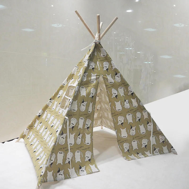 Портативная детская палатка Wigwam, хлопковый брезентовый домик Tipi, детская палатка для девочек, игровой домик, игровой домик, индийский треугольный тент, декор для комнаты - Цвет: WJ3714B