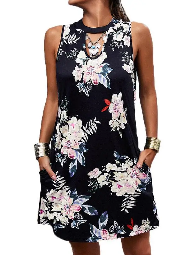 

Women Dress Summer Round Neck Pocket Print Dovetail Sling Dress Halter Women Clothing Beach Street Mini A-Line Dresses Vestido