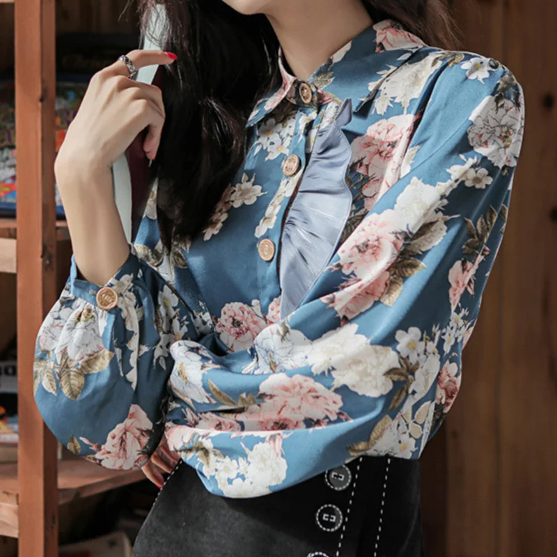 

Spring Summer New Fashion Vintage Floral Printing Long Sleeve Shirts Korean Style Women Chiffon Blouse Party Top Clothes