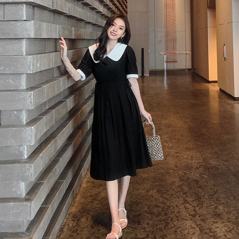 

2021 Elegant OL Series Spring Summer Fashion Short Sleeve Doll Collar Dress Black Long Korean Office Women's Clothing Vestido