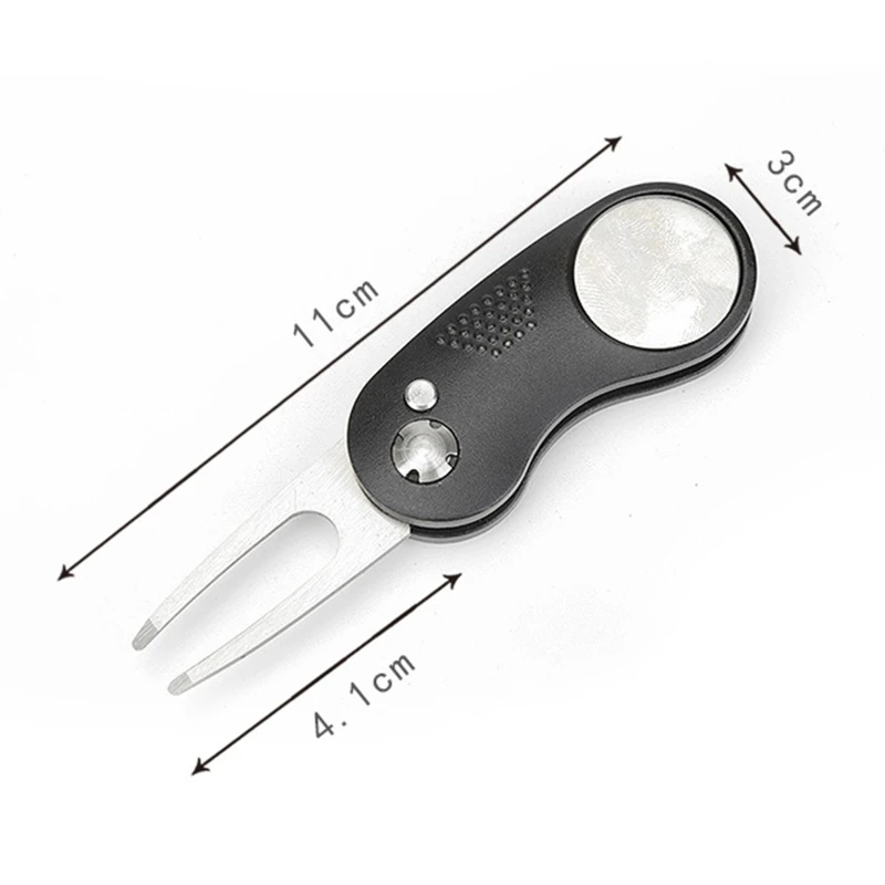 

Stainless Steel Folding Golf Divot Repair Fork with Magnetic Button Pitch Groove Remover Cleaner Pitchfork Switchblade Tool