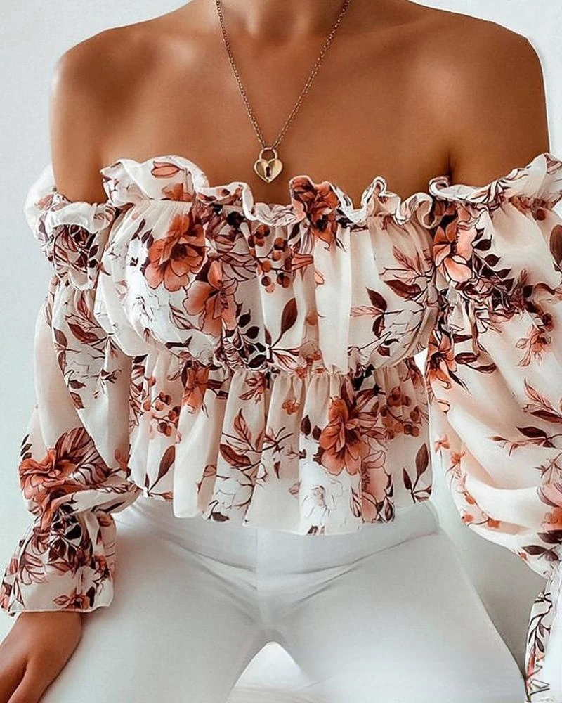 

Women's White Off Shoulder Blouse Top 2022 Fashion Sexy Long Sleeve Crop Tops Women's Ruffle Blouse Shirts blusa feminina