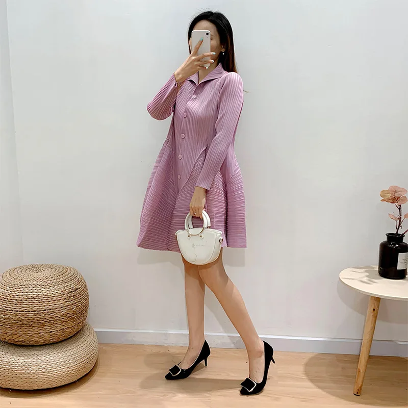 

Miyake Pleated Dress Plus Size Women Aesthetic Clothes Spring Nice New Style Lantern Casual Turn-down Collar A-line Button Dress