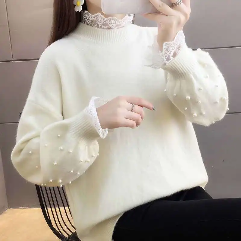 

Top quality Lantern sleeve peals beaded ladies sweaters plus size female jumpers A6