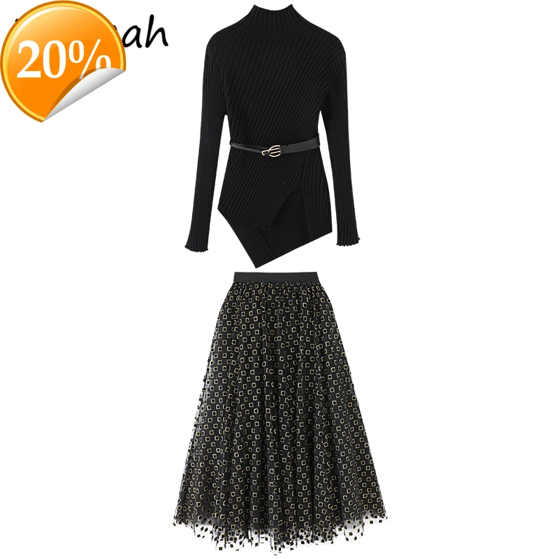 

2021 New women Fashion Spring Runway Rock Set Longarm String Pullover + High waist Midi skirts 2-piece suits