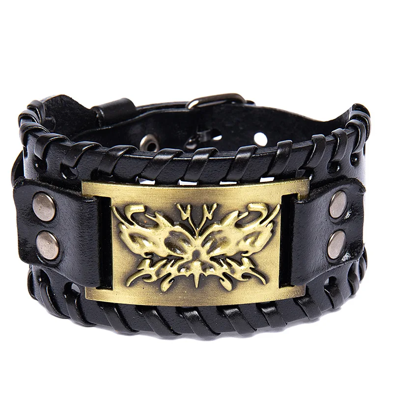 

Personality Punk Men Wide Bangle Nordic Viking Designer Charm Butterfly Bracelet Leather Weave Adjustable Wristband Jewelry