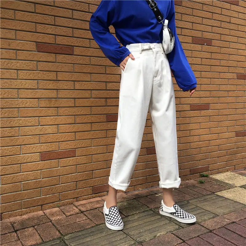 

2020 spring and autumn Korean Edition student high waist loose and thin straight pants casual pants white jeans quarter pants