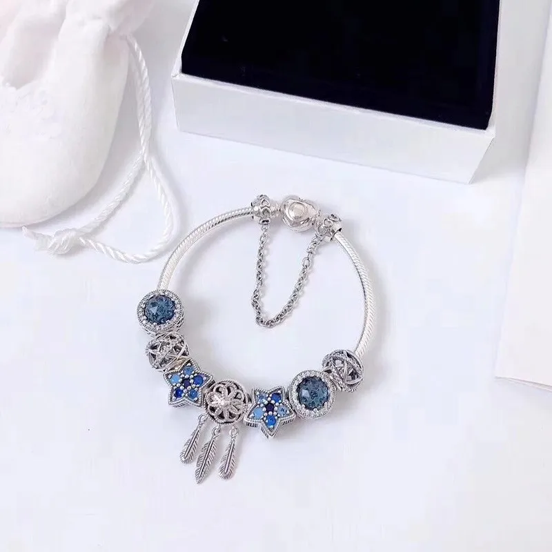 

100% 925 Sterling Silver Colorful Five Pointed Star And Shadow Catching Beaded Pan Bracelet The Most Popular Jewelry For Ladies