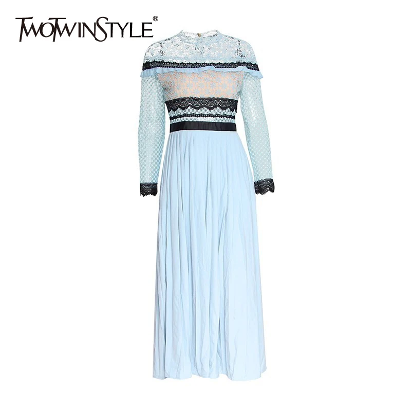 Женское ажурное платье TWOTWINSTYLE белое кружевное Макси с длинным рукавом высокой