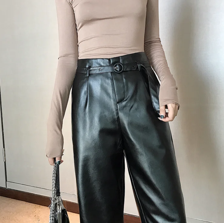 Autumn Faux PU Leather Pants Women With Belt High Waisted Wide Leg Anke-length Women's Trousers 2019 Winter NEW Fashion Clothes |