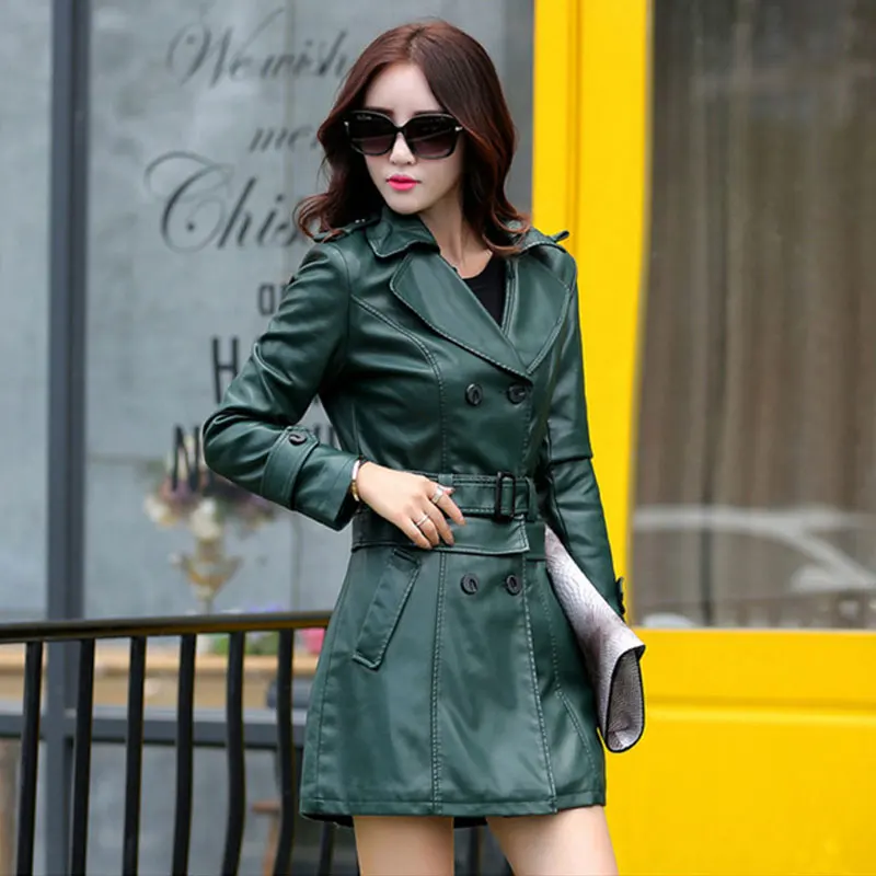 

Hot 2021 Spring New Women Long Leather Jacket Slim Plus Size Bow Belt Motorcycle PU Leather Long Jacket Coat Leather femme