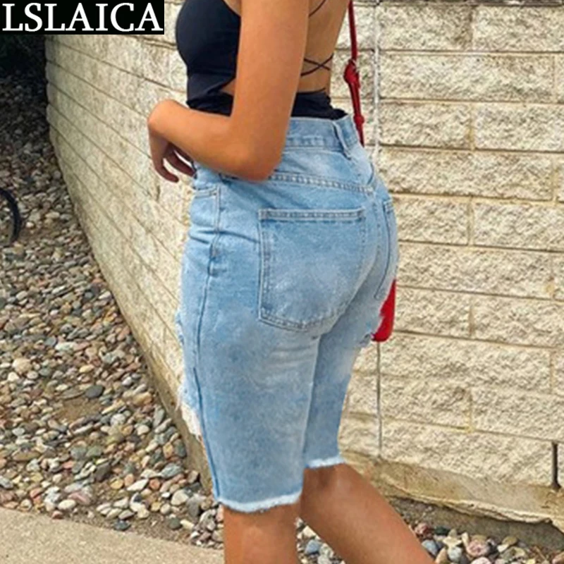 

Woman Pants Casual Denim Joggers Women Fashion Hole Streetwear Knee Length Summer Female Trousers Plus Size Straight High Waist