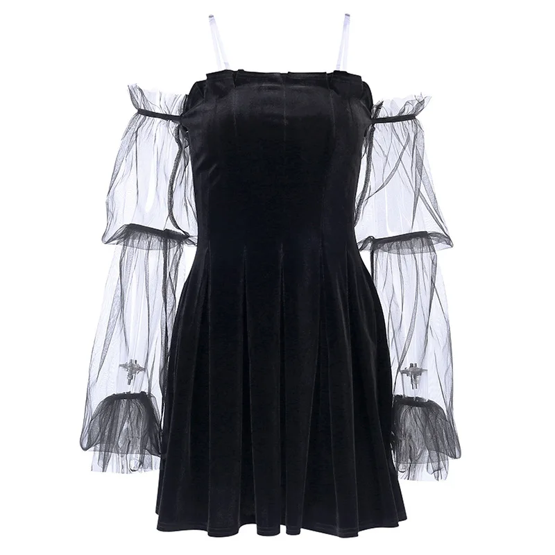 

Chic Punk Hip Hop Mesh Vintage Gothic Dresses Aesthetic Transpanent Strap Pleated Dress