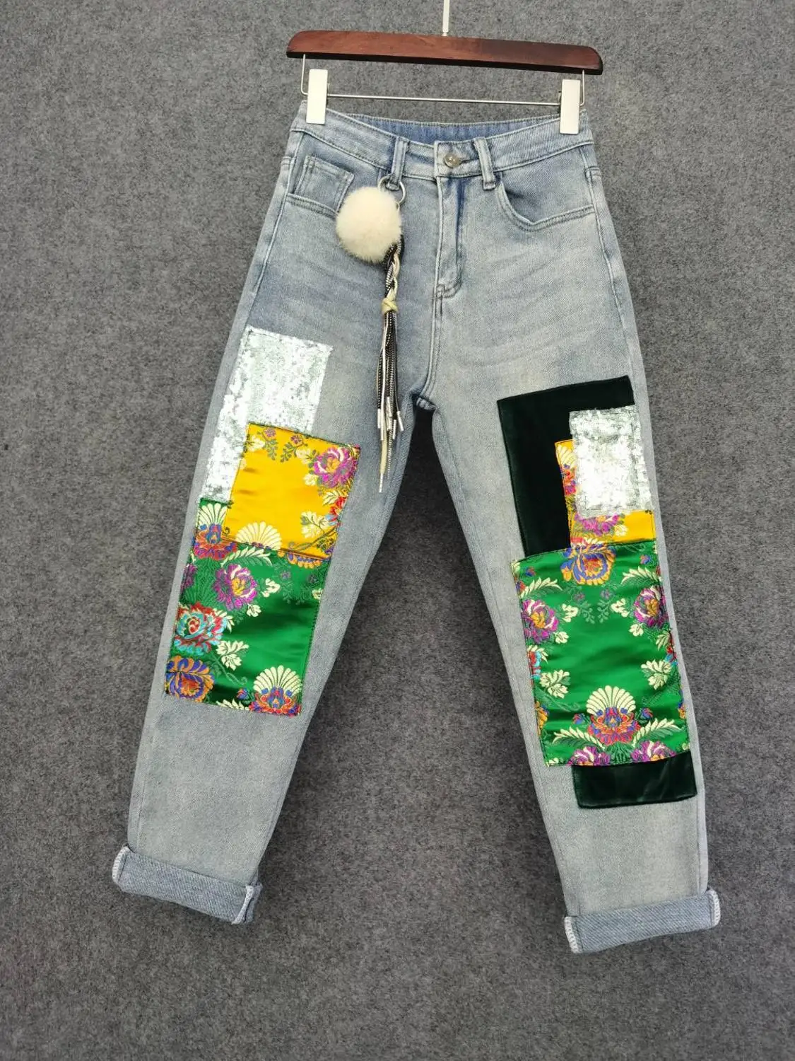 Новая мода весна осень вышитые атласные с высокой талией прямые джинсы женские